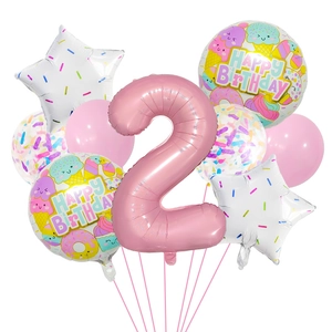 Detailed set of candy-themed 2nd birthday balloons with pink number two and stars