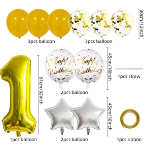 Golden 1st birthday balloon set with 32-inch number 1 and gold confetti decorations