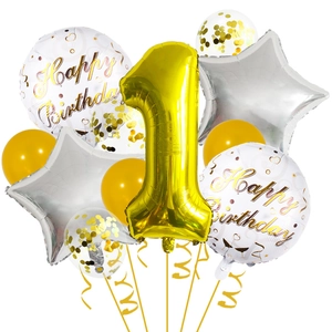Detail of 32-inch gold number 1 balloon set with star and confetti latex balloons
