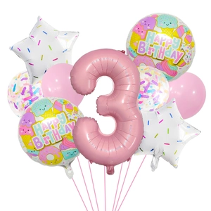 Pink number 3 balloon set with ice cream theme and glitter latex balloons for 3rd birthday