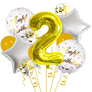 Detail of 32-inch gold number 2 balloon set with star and confetti balloons for birthday decor
