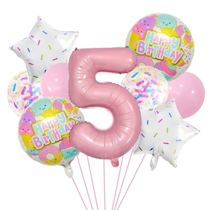 Macaron pink 5th birthday balloon set with 32-inch number 5 and ice cream theme patterns
