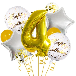 Golden number 4 foil balloon set with white Happy Birthday and star balloons for parties