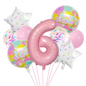 Detailed components of a pink candy-themed 6th birthday balloon set with star and donut motifs
