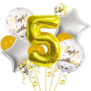 32-inch gold number 5 balloon set with Happy Birthday foil and star balloons for parties