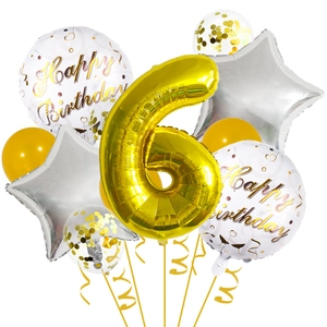 9-piece gold 6th birthday balloon set with 32-inch number 6, stars and confetti balloons