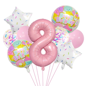 Detail of pink number 8 balloon set with sweet dessert patterns for birthday party decor