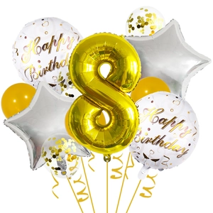 Detailed set of 32 inch gold number 8 foil balloon with star and confetti decorations