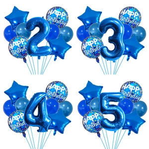 Ballons Anniversaire Bleus Aluminium Latex Numéro Étoile Rond Imprimé Décorations Fête Fournitures Célébration