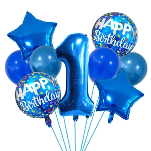 Kit ballons anniversaire bleu chiffre 1 avec étoiles en alu et ballons latex