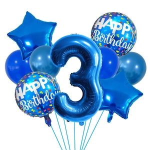 Kit ballons 3ème anniversaire bleu avec chiffre trois, étoiles et ballons ronds en aluminium
