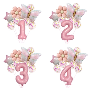 Birthday Party Balloons Butterfly Shape Pink Large Number Aluminum Foil Confetti Latex Decorations Girl Theme