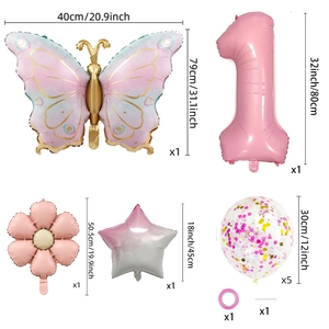 Pink butterfly balloon set with 32 inch number one for girls birthday party decor