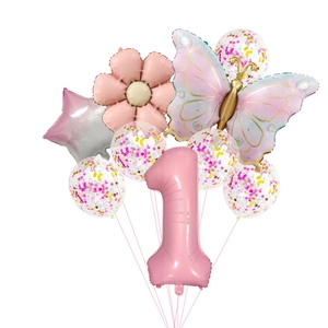 Pink number 1 and butterfly balloon set with confetti latex balloons for girl's 1st birthday