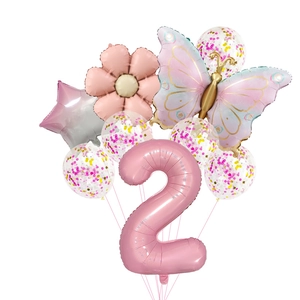 Pink number 2 foil balloon set with gradient butterfly and confetti latex balloons