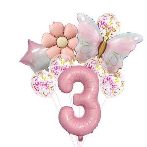Pink number 3 balloon set with gradient butterfly and star for girl's birthday party decor