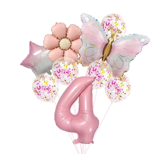 Pink gradient butterfly balloon set with large number 4 for girl birthday party