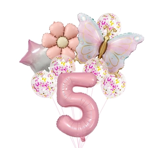 Pink number 5 butterfly balloon set with gradient confetti balloons for 5th birthday party