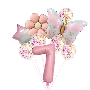 Pink number 7 balloon set with butterfly and glitter confetti balloons for party decor