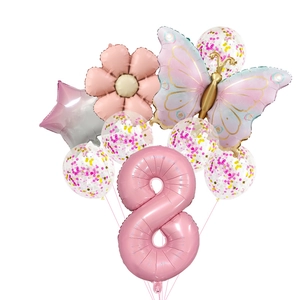Pink number 8 balloon set with butterfly and glitter confetti balloons for party decor