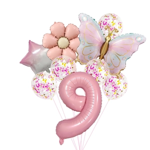 Pink birthday party set with number 9 balloon, gradient butterfly and sequin balloons