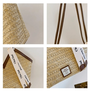 Detailed views of woven straw tote bag with brown leather handles and canvas strap
