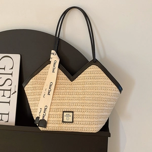 Women Straw Woven Tote Bag Casual Shoulder Bag PU Leather Trim Ribbon Decor Large Capacity Summer Vacation Beach Handbag