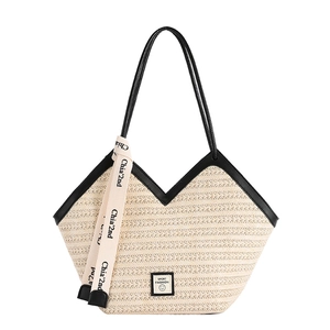 Minimalist straw tote bag with black straps and V-shaped opening for daily fashion