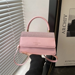Women Retro PU Leather Small Square Bag With Sequin Flap Elegant Top Handle Crossbody Shoulder Bag Solid Color Handbag