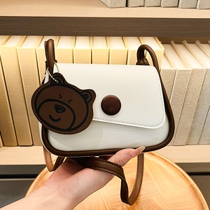 Women Korean Minimalist PU Leather Small Square Shoulder Bag With Cute Bear Pendant Adjustable Strap Fashion Crossbody Bag