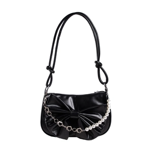 Sac sous le bras noir chic avec grand nœud et chaîne décorative perles et fleurs