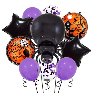 Detail of Halloween balloon set featuring a large black spider and star foil balloons