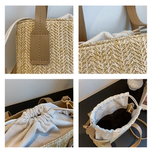 Détails du sac en paille tissée avec poignées en cuir PU et sac intérieur à cordon