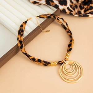 Retro leopard print silk scarf necklace with gold concentric metal rings pendant for women