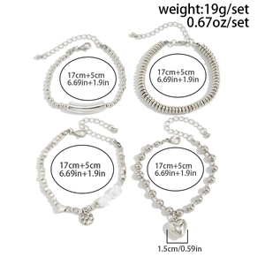 Detail of 4pcs silver beaded bracelet set with heart pendant and 5cm extender chain