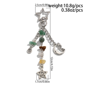 Detail view of star and moon keychain with natural stones and dimensions shown