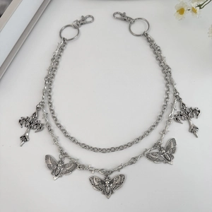 Gothic multi-layer hip-hop metal chain with moth skull pendants and silver crosses