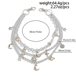 Three-layer silver punk waist chain detail with sun moon star pendants and dimensions