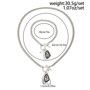 Silver chain jewelry set with grey acrylic gemstone, pearl charm and OT toggle clasp