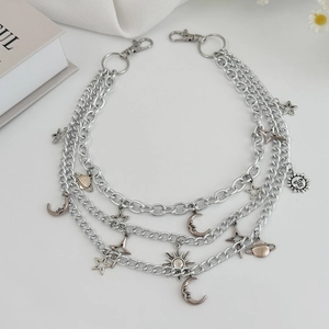 Three-layer silver star and moon charms punk style pant chain with lobster clasps