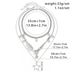 Detailed size chart showing layered silver star pendant necklace dimensions and weights