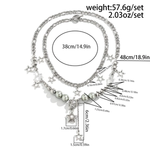 Detailed technical drawing showing layered star necklace lengths and pearl charm dimensions