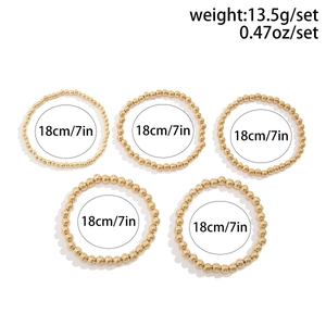 Detailed size and weight specs for a 5-piece set of gold beaded elastic bracelets