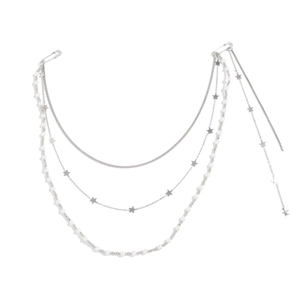 Silver multilayer star star and pearl tassel brooch chain with safety pin fastening