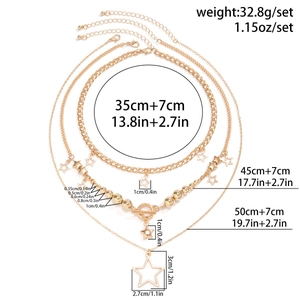 Detailed view of 4-layer gold star necklace set with OT clasp and size specifications
