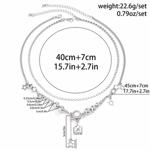 Detailed dimensions of silver baroque star layered necklace set with OT buckle closure
