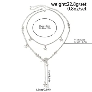 Detailed size chart for layered silver star necklace showing weight and chain lengths