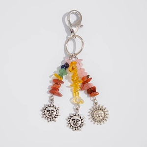 Celestial sun pendant keychain with assorted natural crushed stones and silver lobster clasp