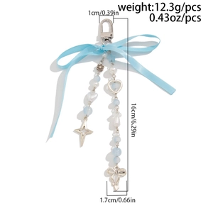 Détails du porte-clés à nœud en satin bleu avec perles et dimensions annotées