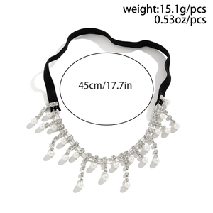 Detail of multi-layer pearl and rhinestone elastic thigh chain with dimension markings